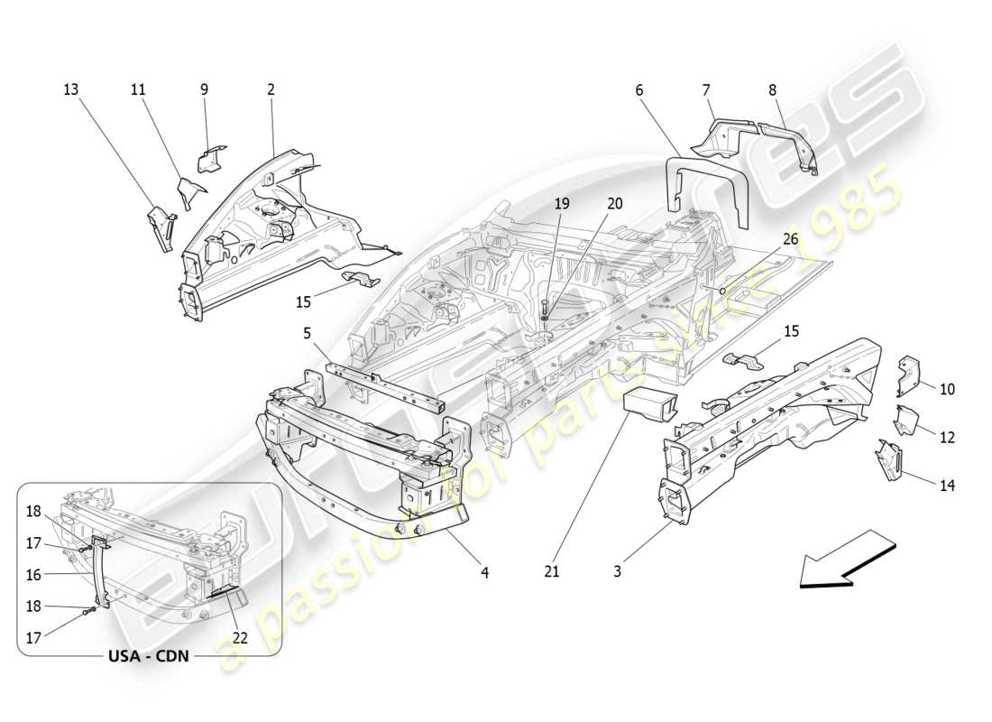 Maserati GranTurismo (2008) front structural frames and sheet panels Part Diagram