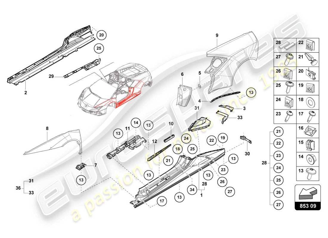 Lamborghini Evo Spyder (2020) LOWER EXTERNAL SIDE MEMBER FOR WHEEL HOUSING Part Diagram