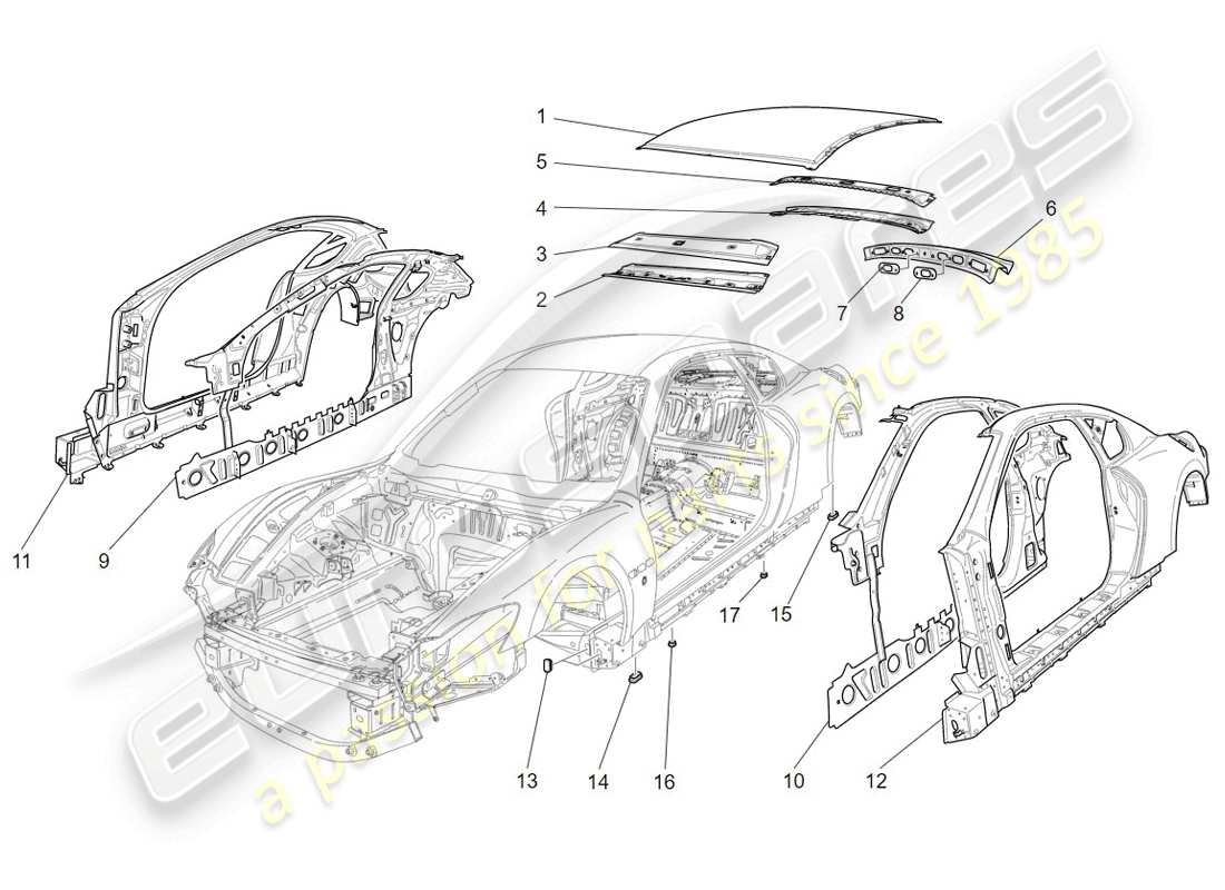 Maserati GranTurismo (2009) BODYWORK AND CENTRAL OUTER TRIM PANELS Parts Diagram