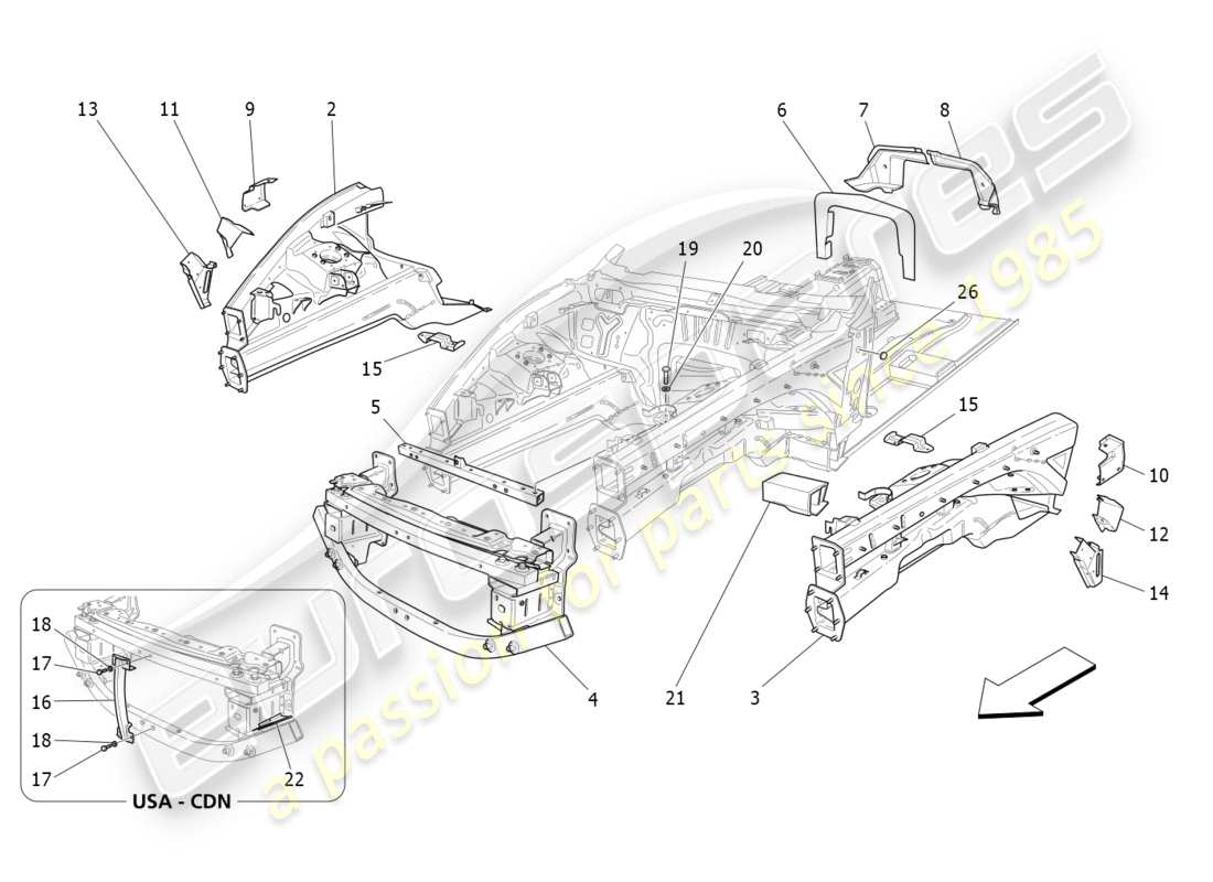 Maserati GranTurismo (2012) front structural frames and sheet panels Parts Diagram