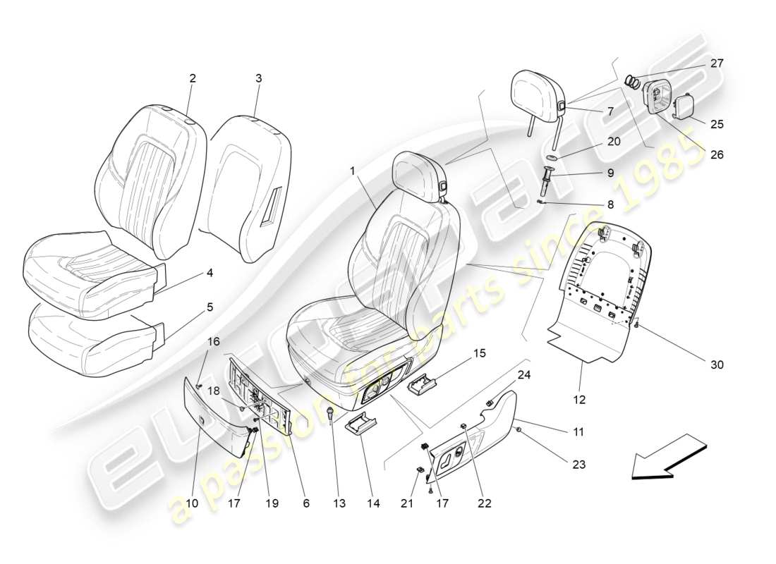 Maserati QTP 3.0 BT V6 410HP (2014) front seats: trim panels Part Diagram