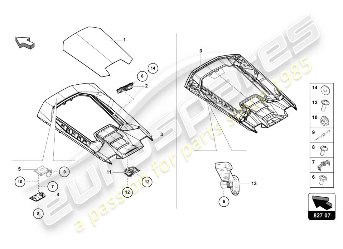 Lamborghini Huracan Performante PERFORMANTE COUPE (2019) 827 07 00 ENGINE  COVER WITH INSP. COVER Part Diagram.