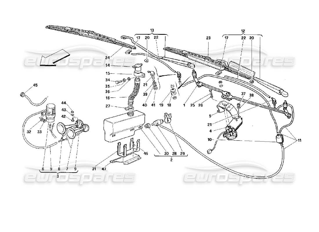 Ferrari 512 M Windshield Wiper, Washer and Horns Part Diagram