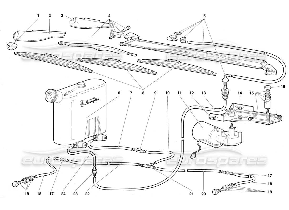 Lamborghini Diablo VT (1994) Windscreen Wiper and Headlamp Washers Parts Diagram