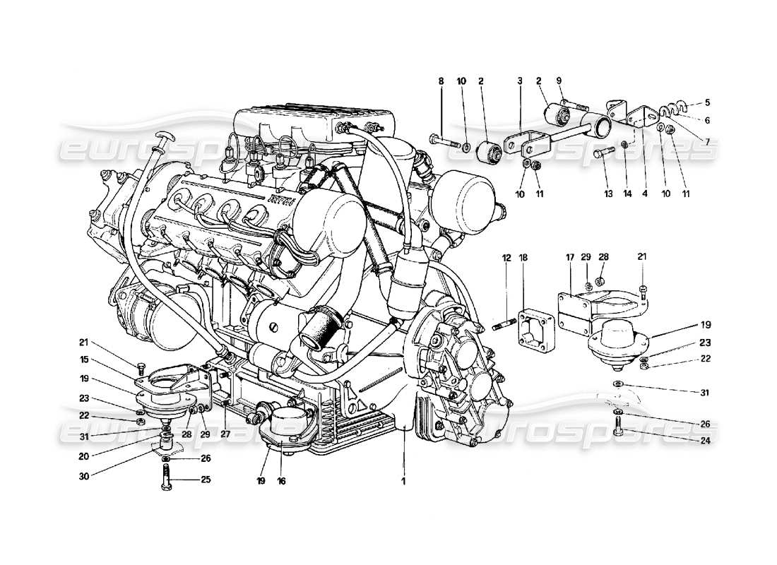 Ferrari 308 Quattrovalvole (1985) engine - gearbox and supports Part Diagram