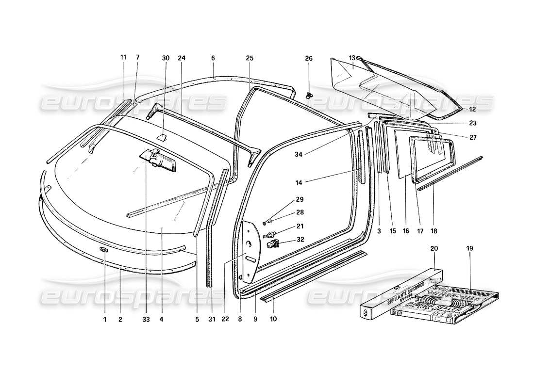 Ferrari 308 Quattrovalvole (1985) Glasses Part Diagram