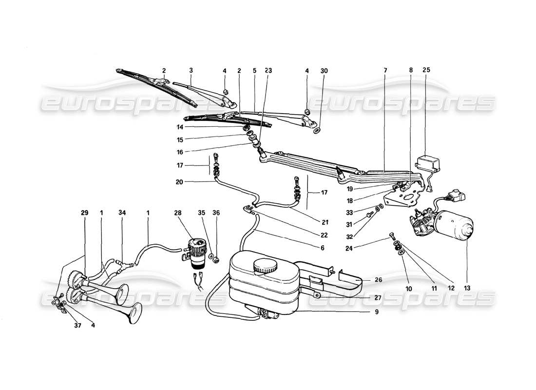 Ferrari 308 Quattrovalvole (1985) Windshield Wiper, Washer and Horn Part Diagram