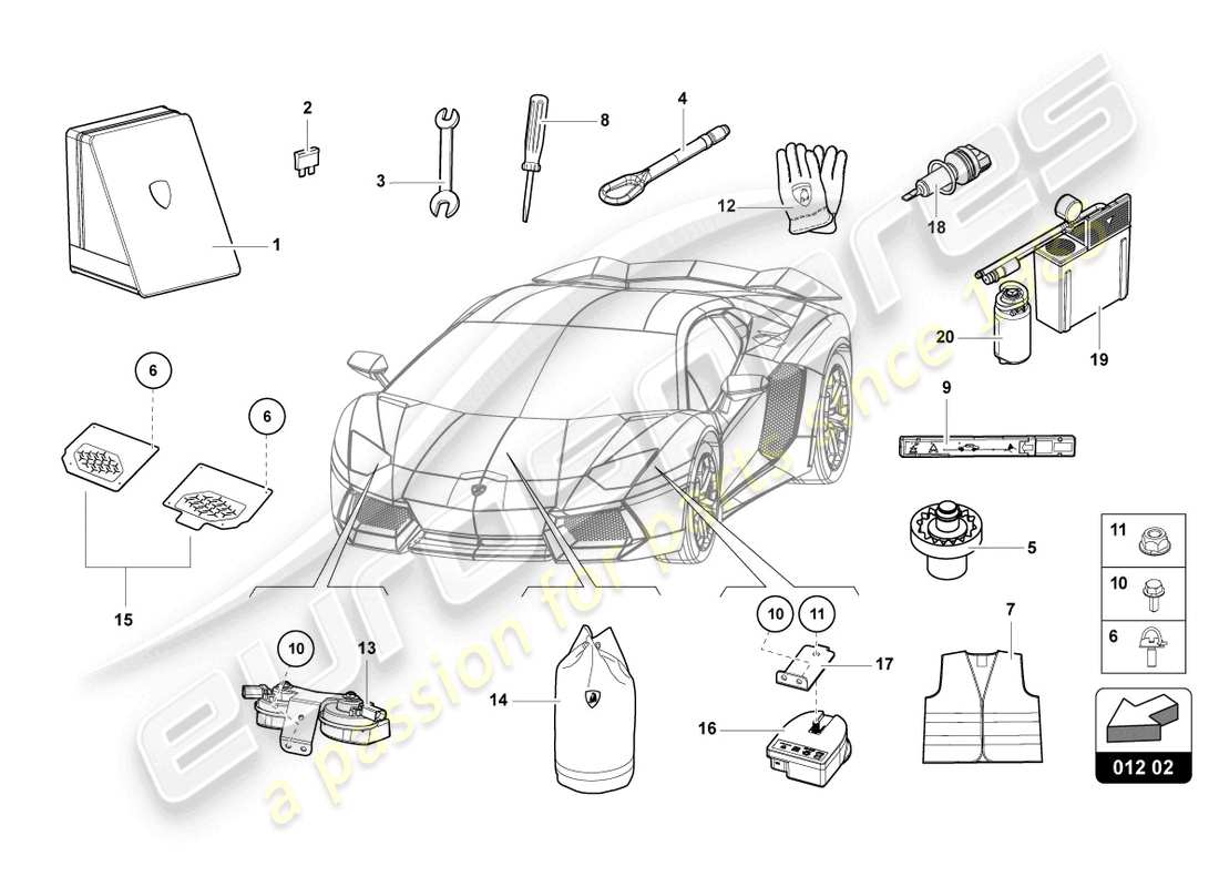 Lamborghini Aventador LP740-4 S LP740-4 S COUPE (2018) 012 02 00 VEHICLE  TOOLS Part Diagram.