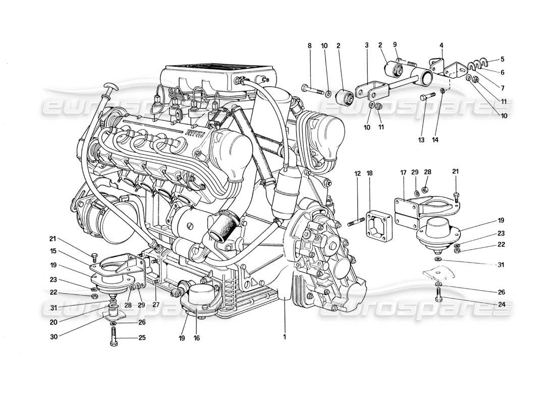 Ferrari 328 (1988) engine - gearbox and supports Parts Diagram