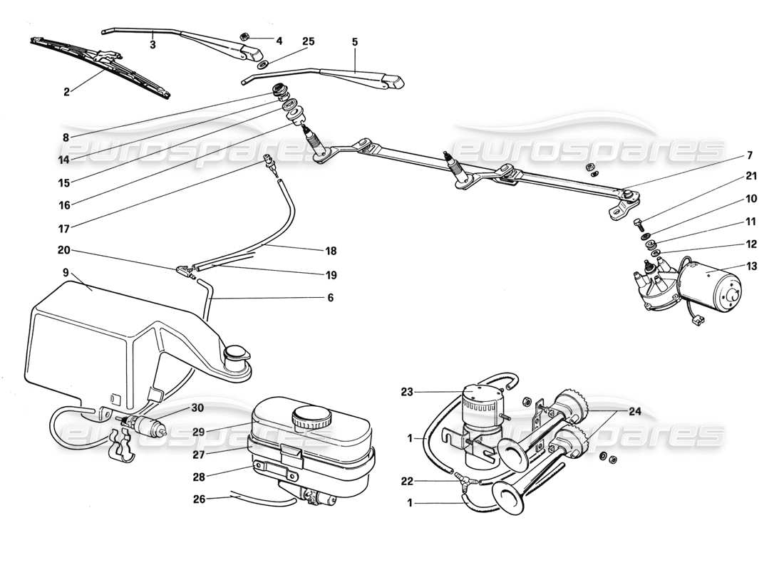 Ferrari 328 (1988) Windshield Wiper, Washer and Horns Part Diagram