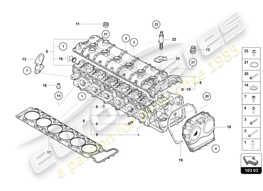 Lamborghini LP750-4 SV ROADSTER (2017) cylinder head with studs and centering sleeves Part Diagram