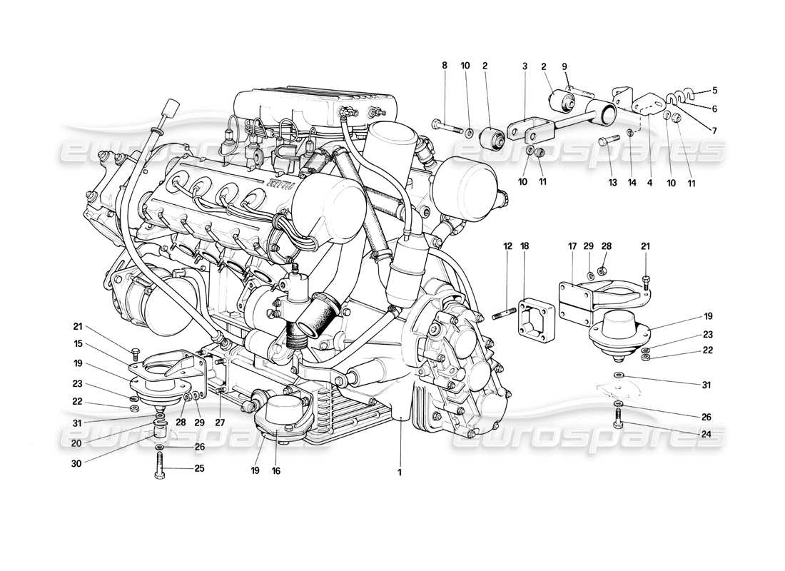 Ferrari Mondial 3.0 QV (1984) engine - gearbox and supports Parts Diagram