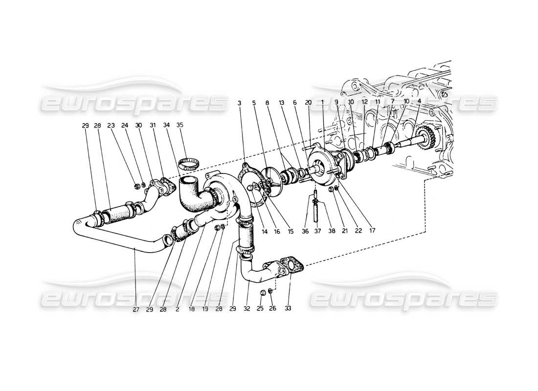 Ferrari 512 BB Water Pump and Pipings Part Diagram
