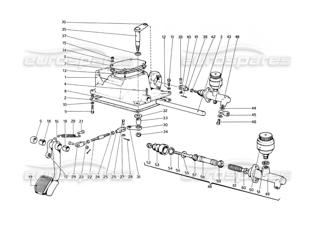 Ferrari 512 BB clutch release control (Variants for RH D. Version) Part Diagram