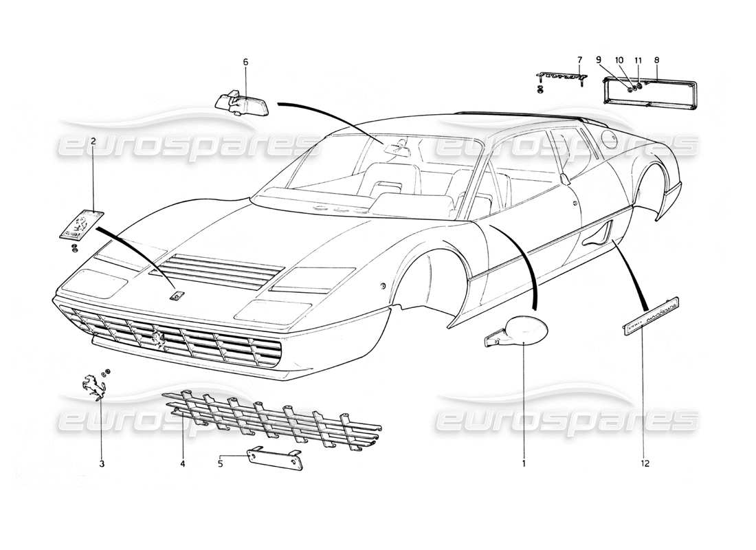 Ferrari 512 BB Body Mouldings Part Diagram