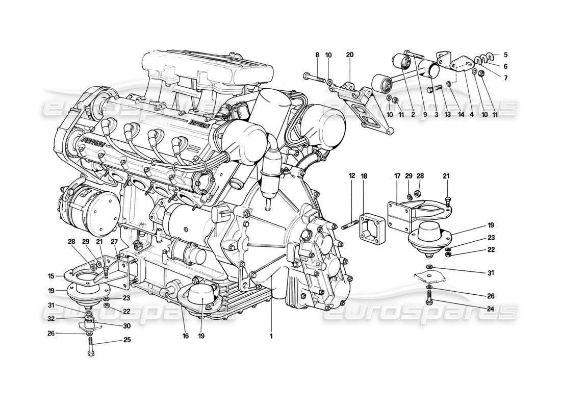 Ferrari 208 Turbo (1982) engine - gearbox and supports Part Diagram