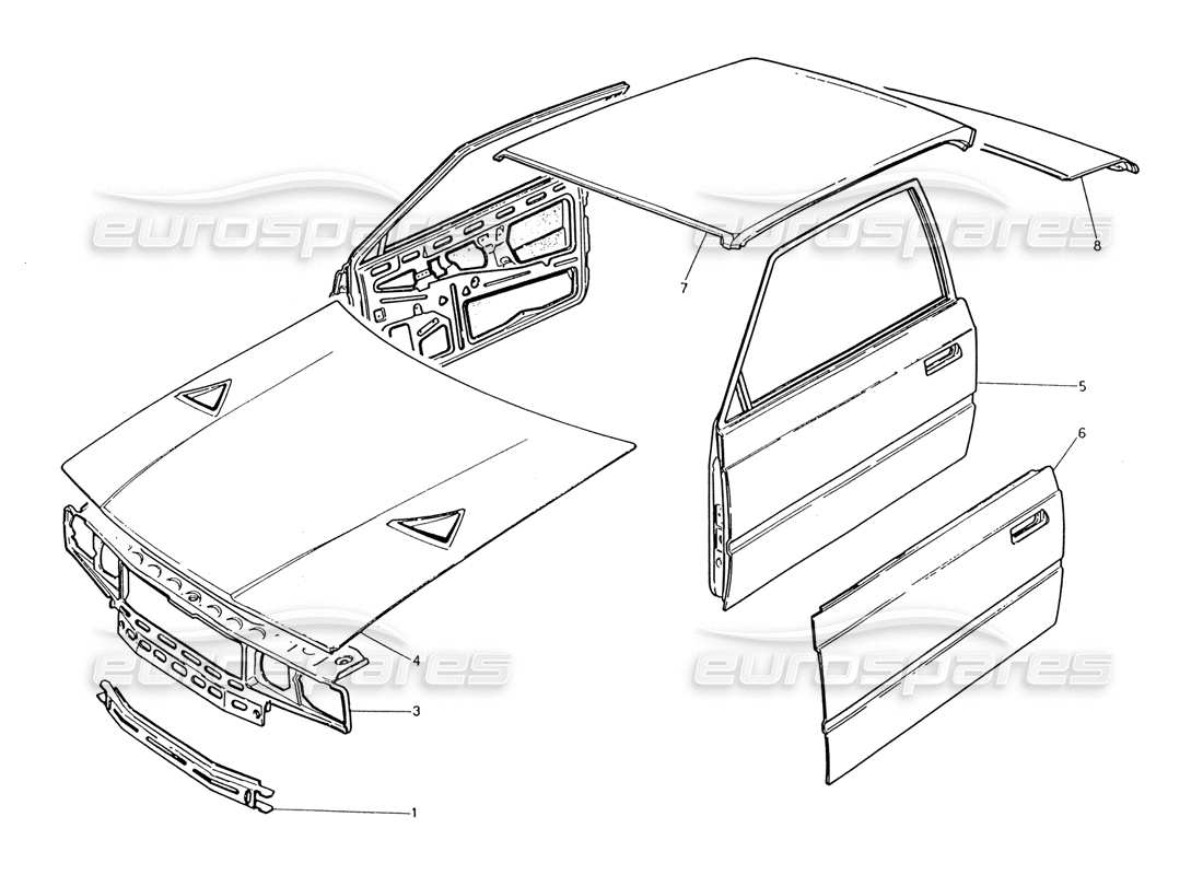 maserati 222 / 222e biturbo body shell: front panel, roof panel, doors, bonnet boot lid part diagram