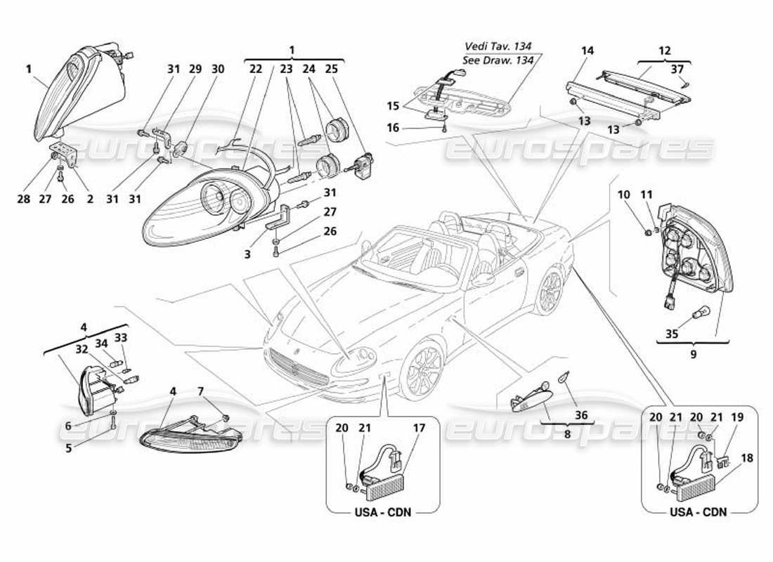 maserati 4200 spyder (2005) front and rear lights parts diagram