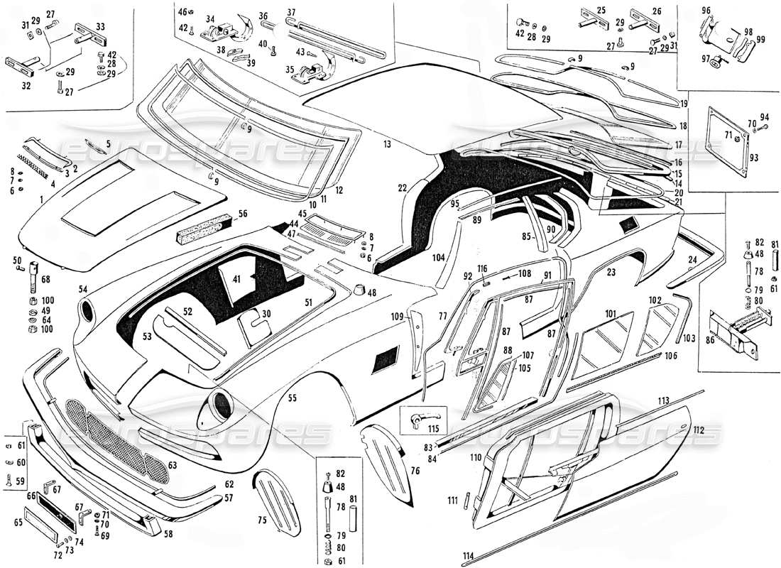 maserati mistral 3.7 body shell - coupe part diagram