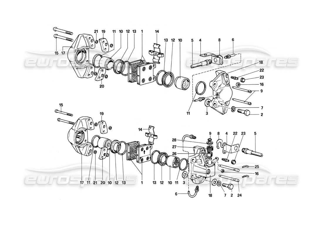 ferrari 208 turbo (1982) calipers for front and rear brakes parts diagram