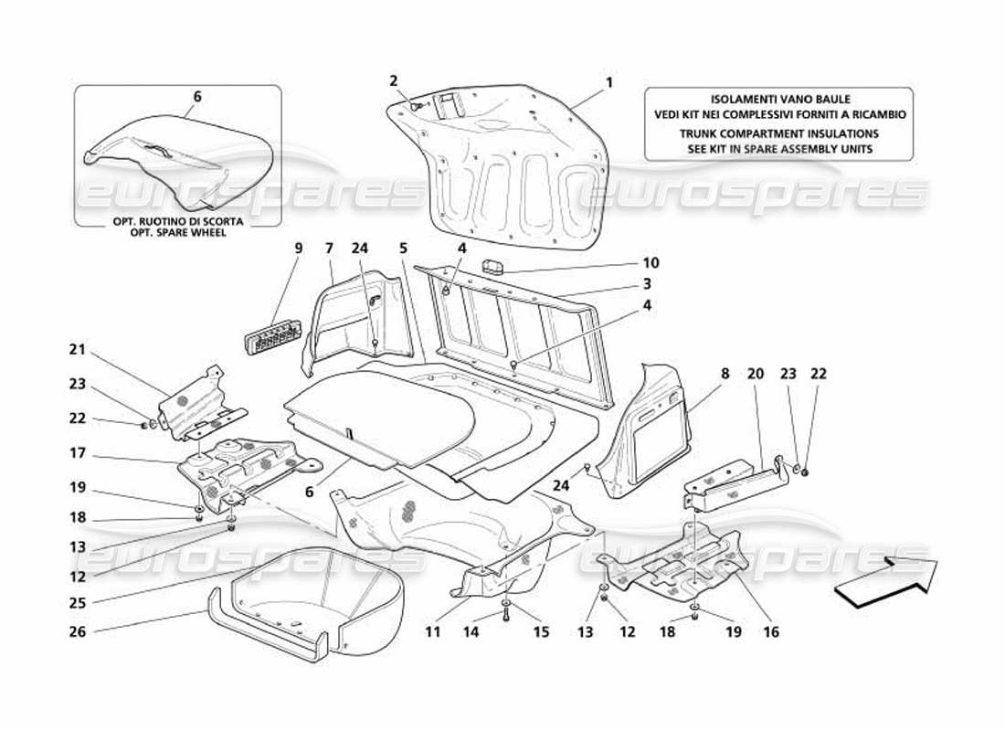 maserati 4200 coupe (2005) trunk hood compartment trims - air inlet and heath shields part diagram