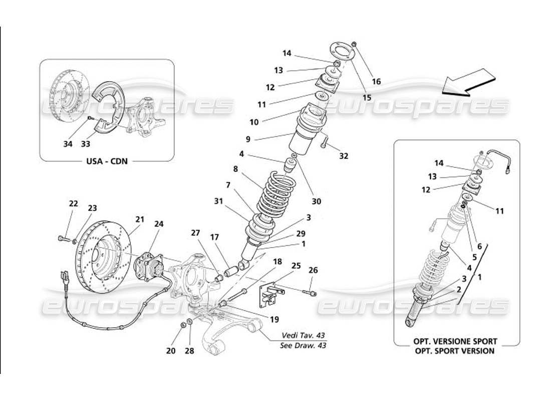 maserati 4200 gransport (2005) front suspension - shock absorber and brake disc parts diagram