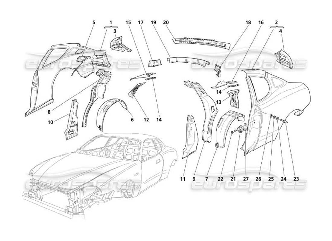 maserati 4200 coupe (2005) boby - rear outer trims parts diagram