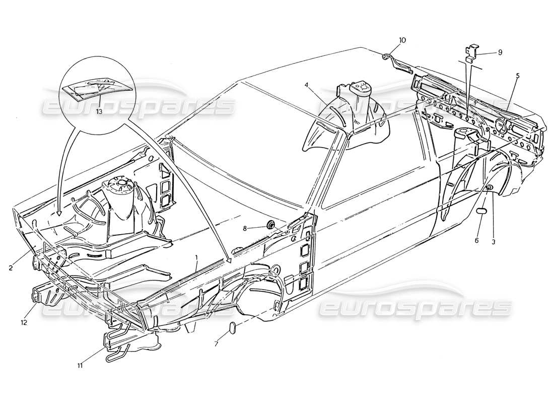 maserati 222 / 222e biturbo body shell: inner panels parts diagram