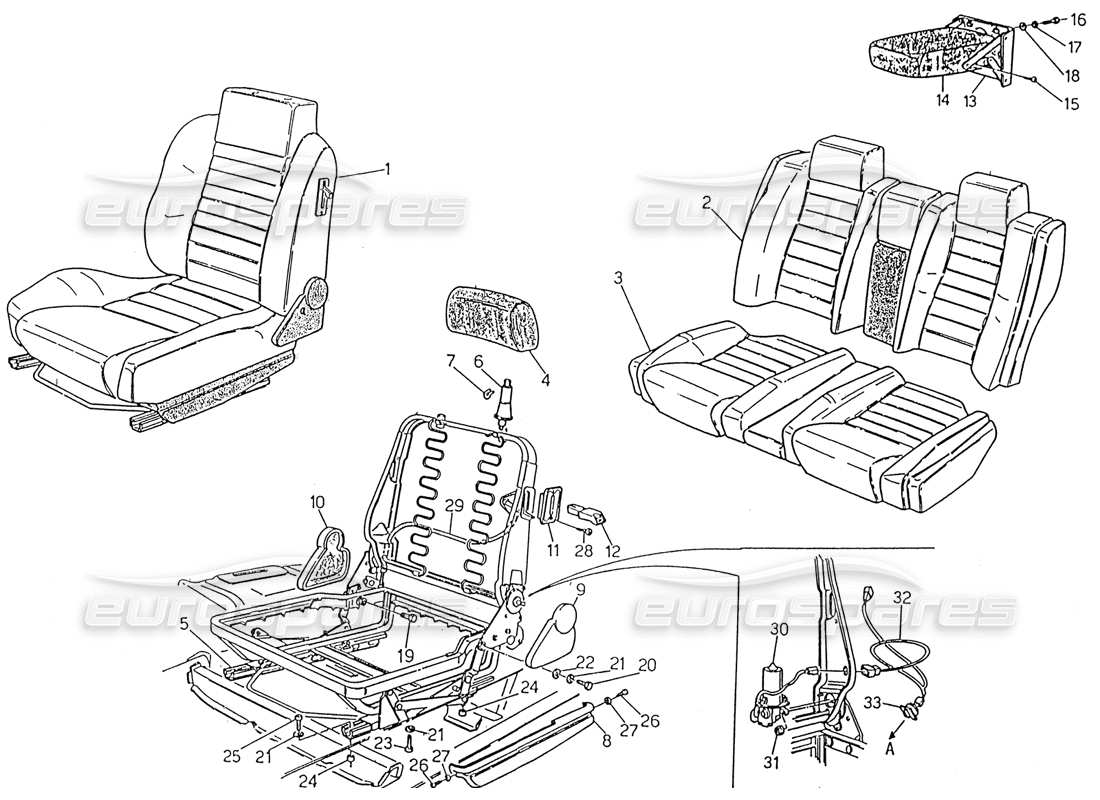 maserati 222 / 222e biturbo front and rear seats parts diagram