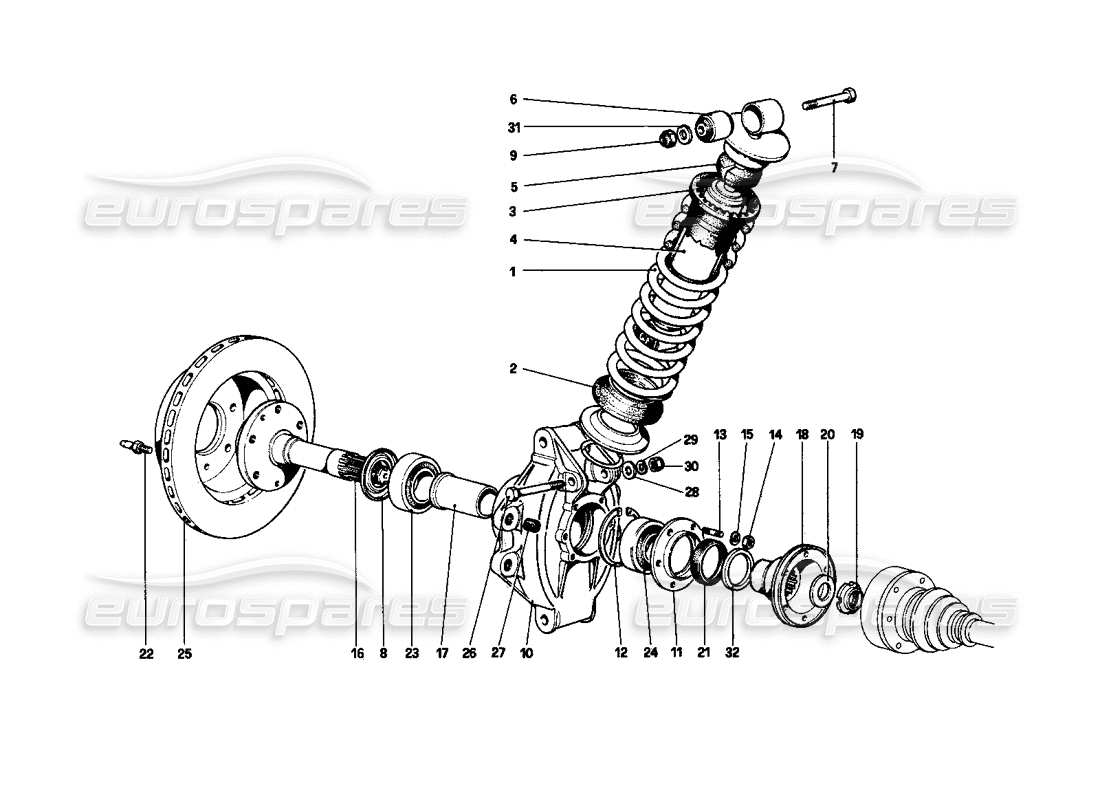 ferrari 208 turbo (1982) rear suspension - shock absorber and brake disc parts diagram