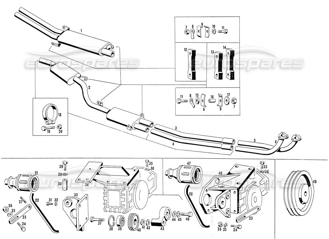 maserati mistral 3.7 exhaust pipes and compressor bracket part diagram