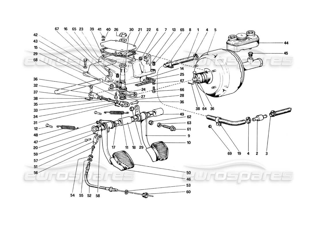 ferrari 208 turbo (1982) pedal board - brake and clutch controls parts diagram