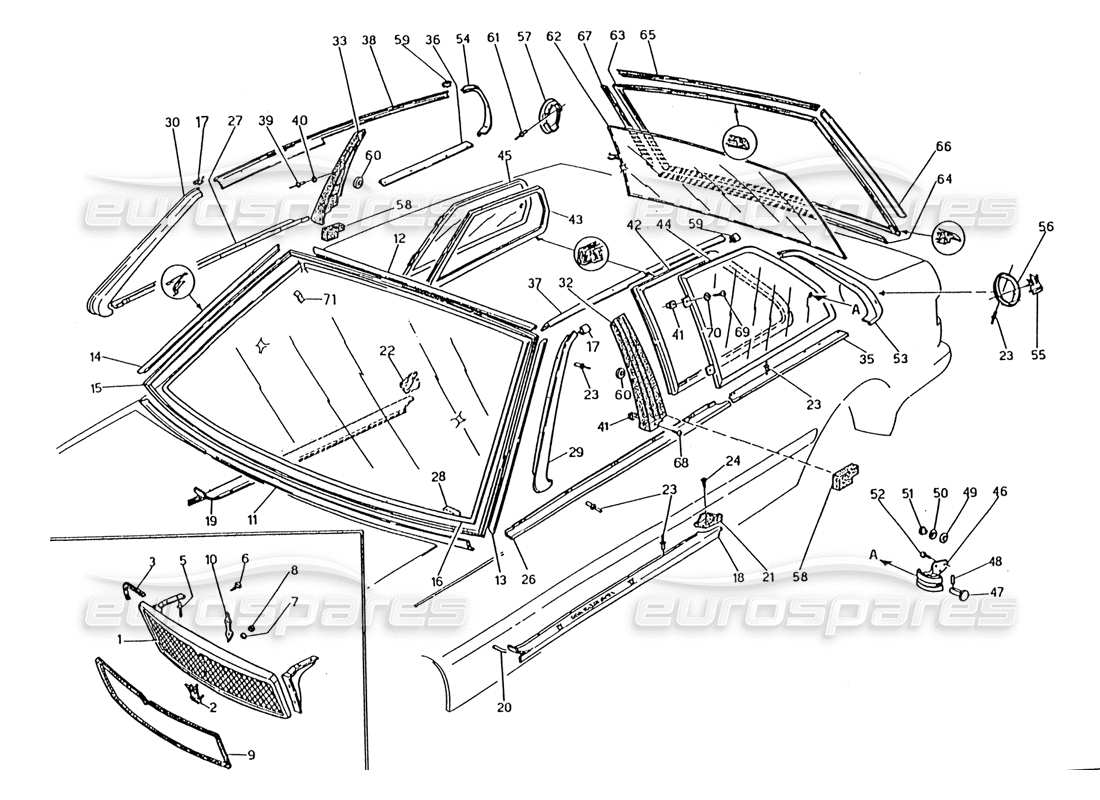 maserati 222 / 222e biturbo radiator grille-finishers-fixed glasses parts diagram