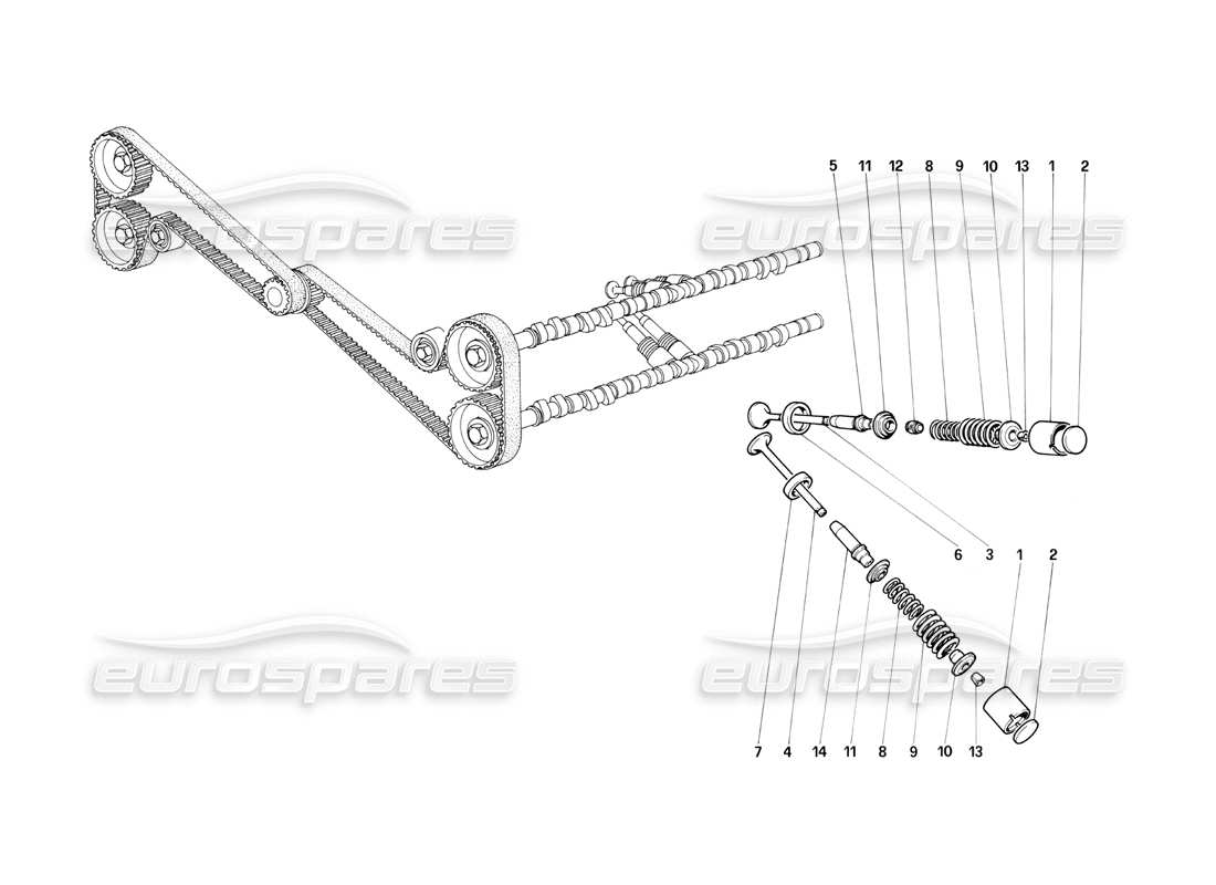 ferrari testarossa (1987) timing system - valves parts diagram