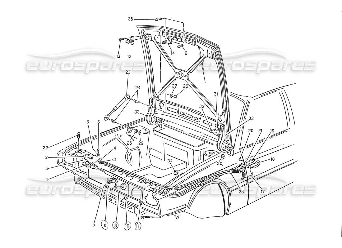 maserati 222 / 222e biturbo bonnet: hinges and bonnet release parts diagram