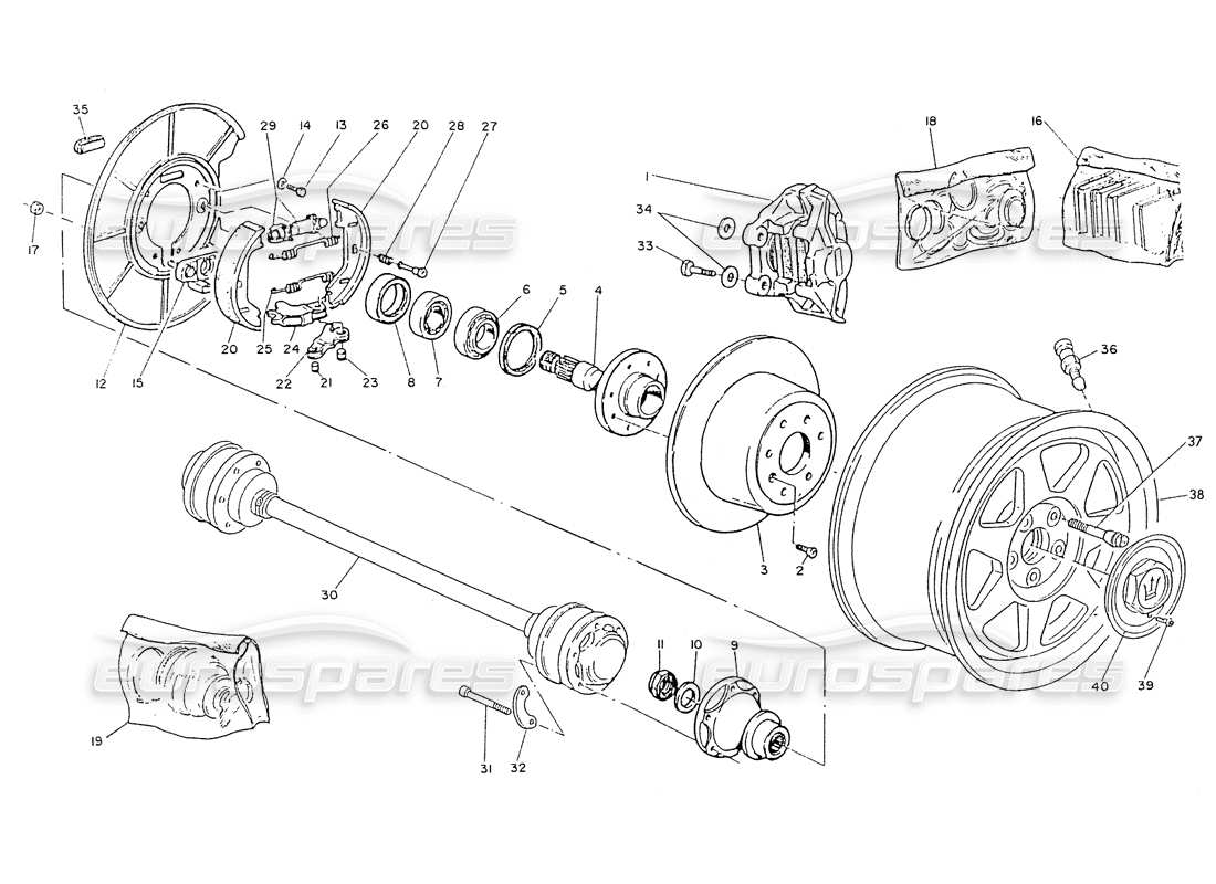 maserati ghibli 2.8 (non abs) rear wheels, hubs, brakes & axle shafts part diagram