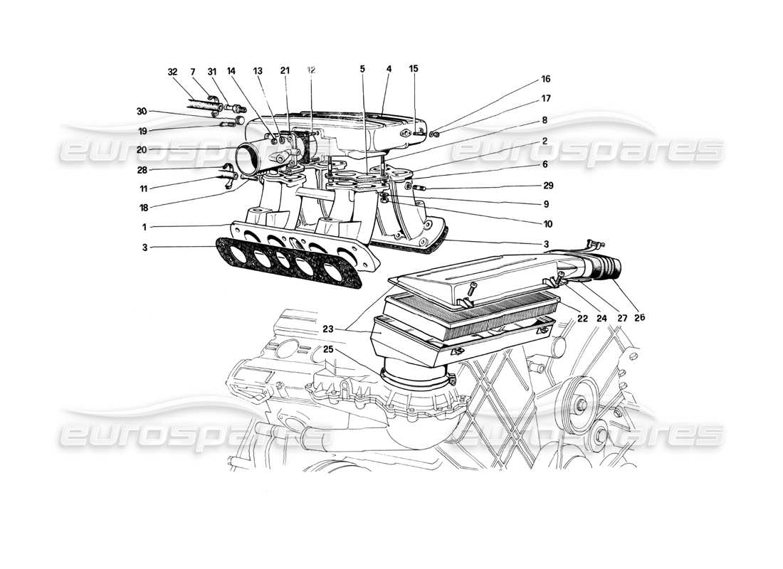 ferrari 208 turbo (1982) air intake and manifolds part diagram