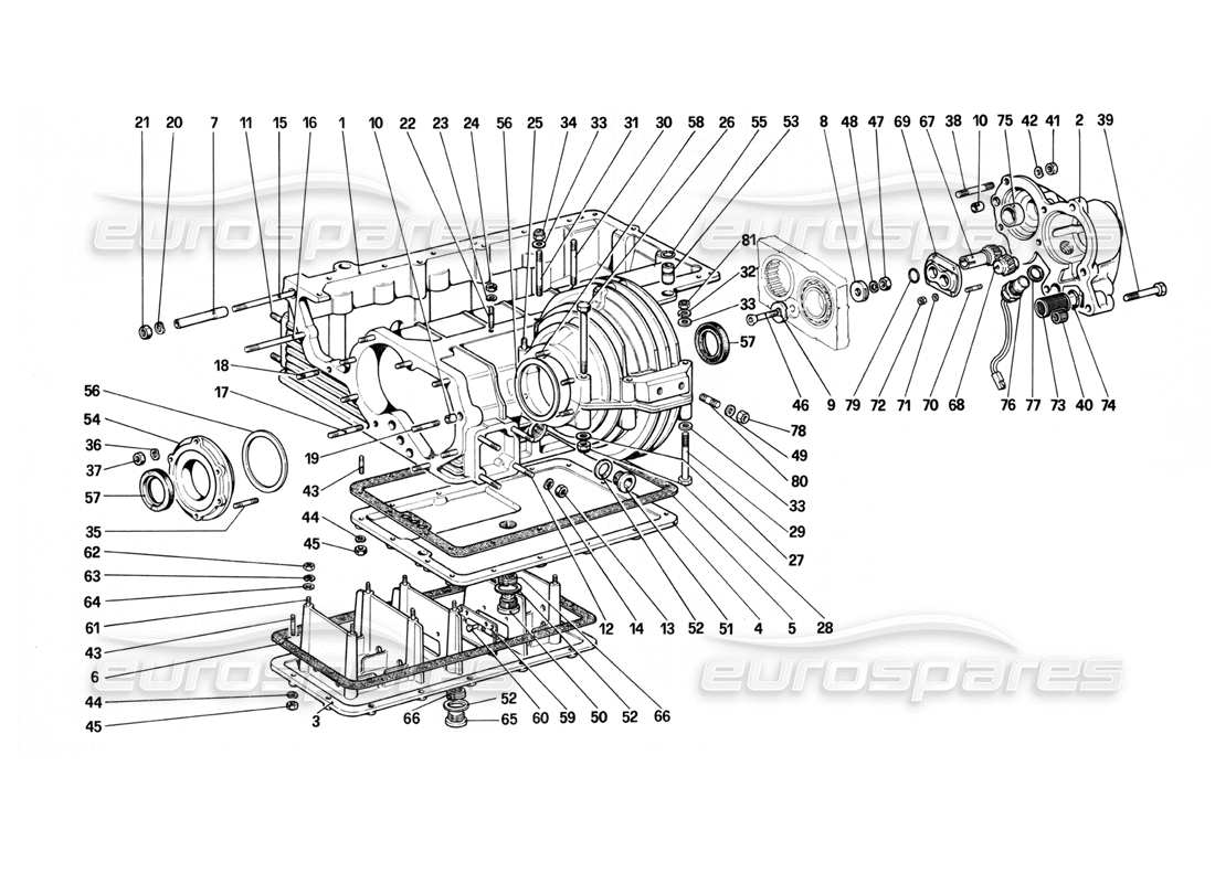 ferrari 208 turbo (1982) gearbox - differential housing and oil sump parts diagram