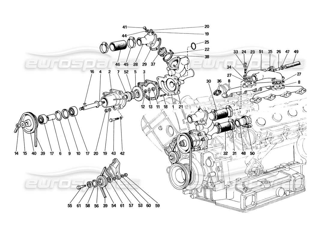 ferrari 328 (1988) water pump and pipings parts diagram