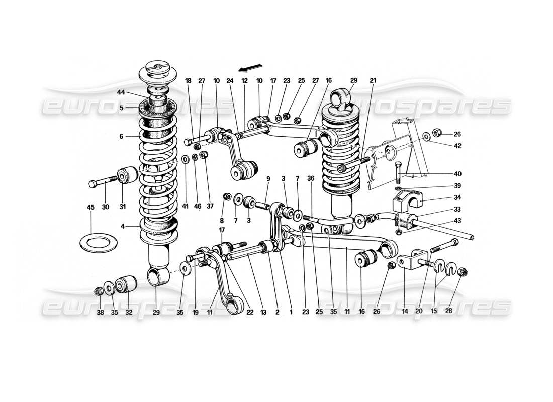 ferrari 512 bbi rear suspension - wishbones and shock absorbers parts diagram