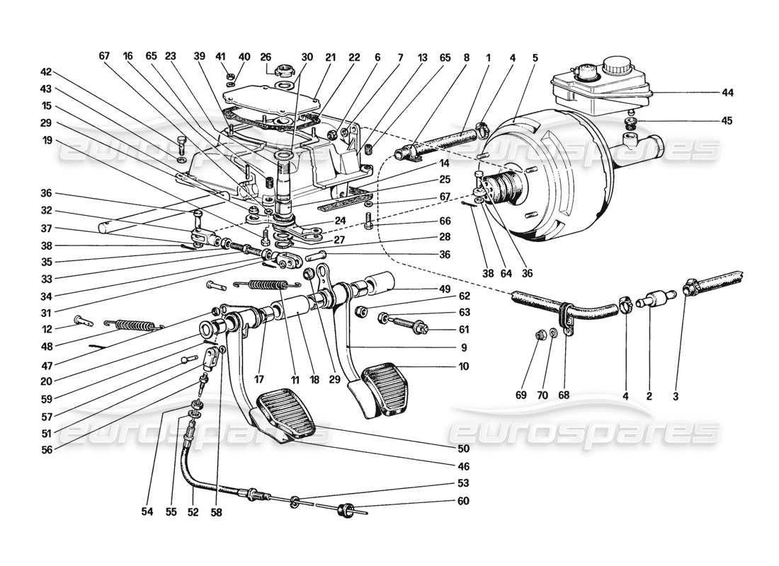 ferrari 328 (1988) pedal board - brake and clutch controls (for car with antiskid system) parts diagram