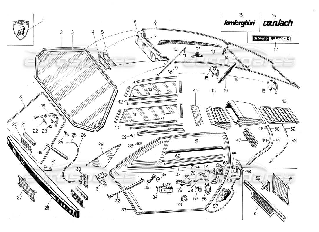 LAMBORGHINI COUNTACH LP400 GLASSES, GASKETS AND CONTROLS PART DIAGRAM lamborghini countach lp400 glasses, gaskets and controls part diagram