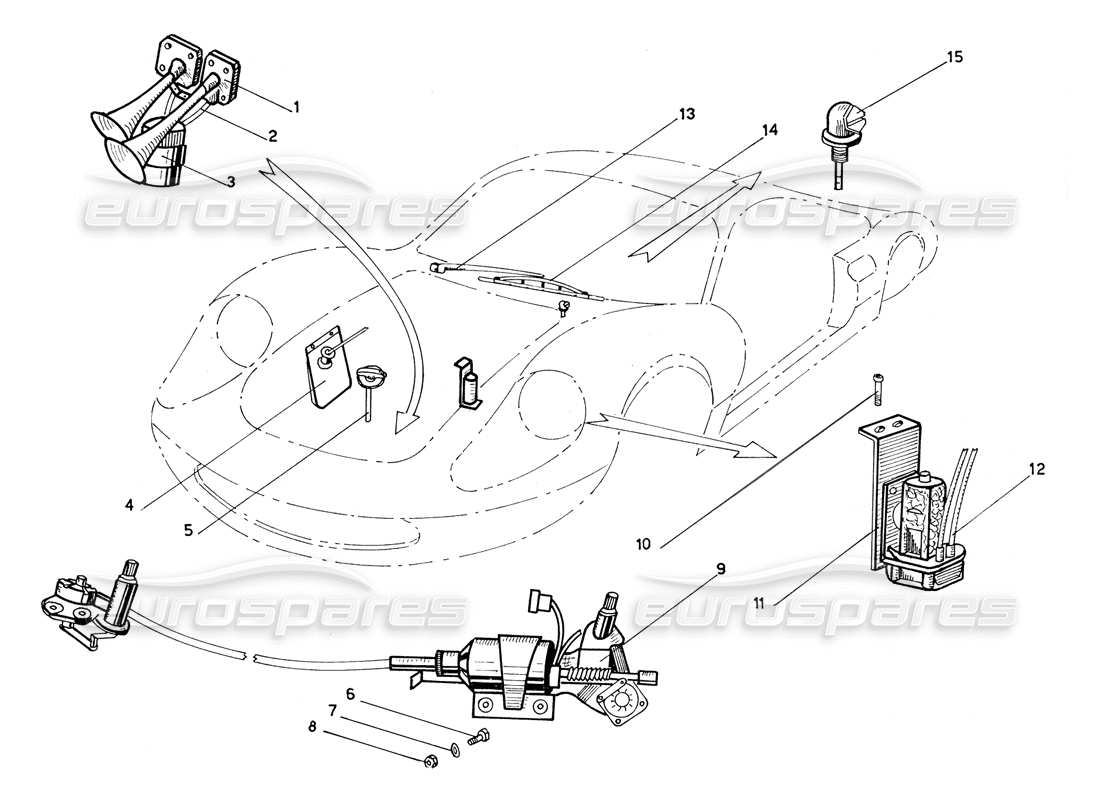 ferrari 206 gt dino (coachwork) wiper mec, washer bag & horns parts diagram