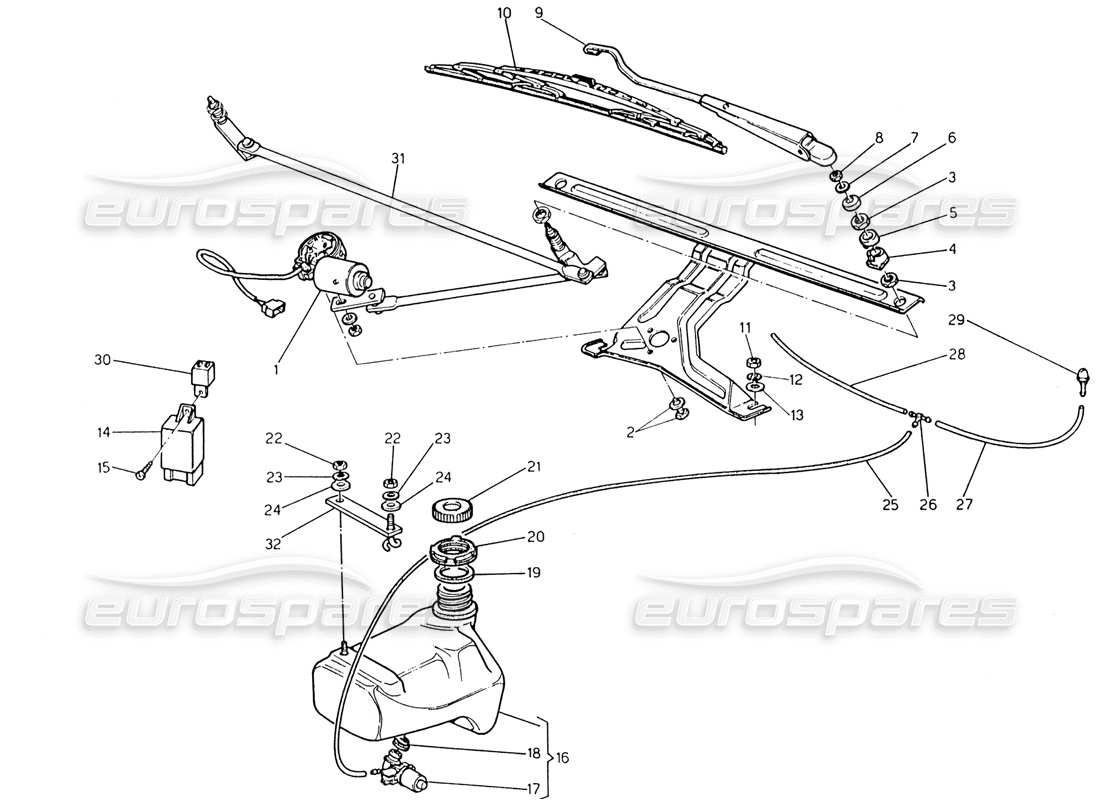 maserati 222 / 222e biturbo windshield wiper - washer (lh steering) parts diagram