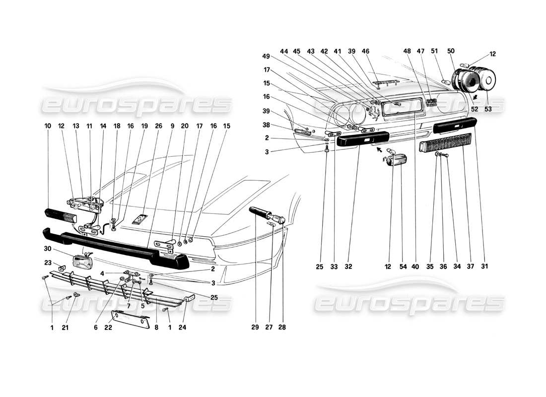 ferrari 208 turbo (1982) bumpers, mouldings and external lights parts diagram