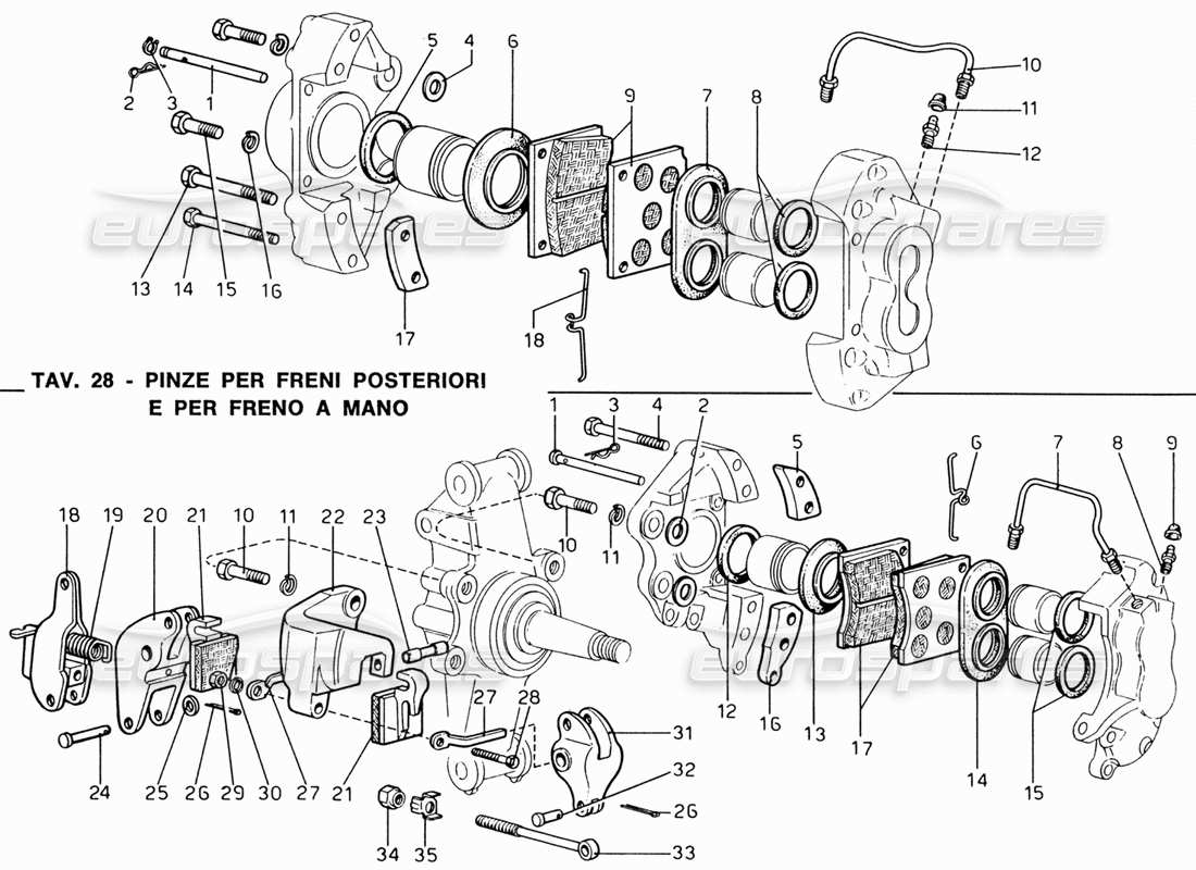 ferrari 206 gt dino (1969) hand brake and brakes front and rear caliper part diagram