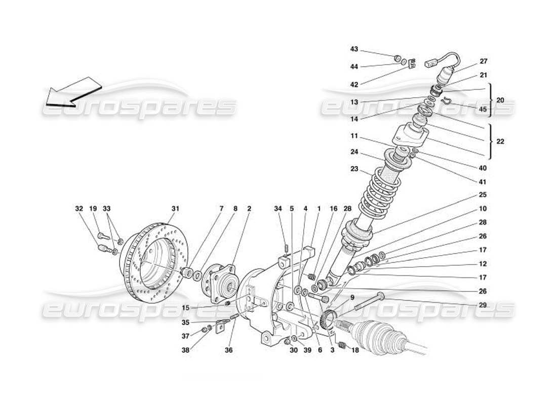 ferrari 550 barchetta rear suspension - shock absorber and brake disc parts diagram