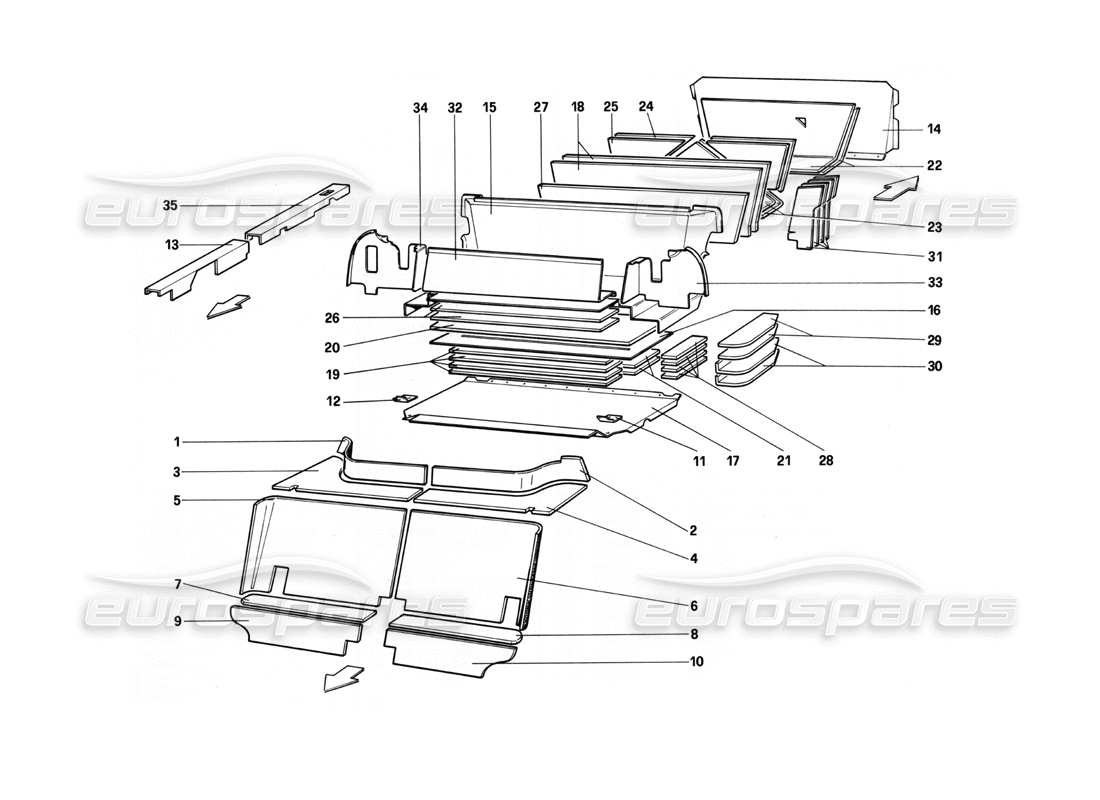 ferrari 208 turbo (1982) passenger and luggage compartments insulation parts diagram