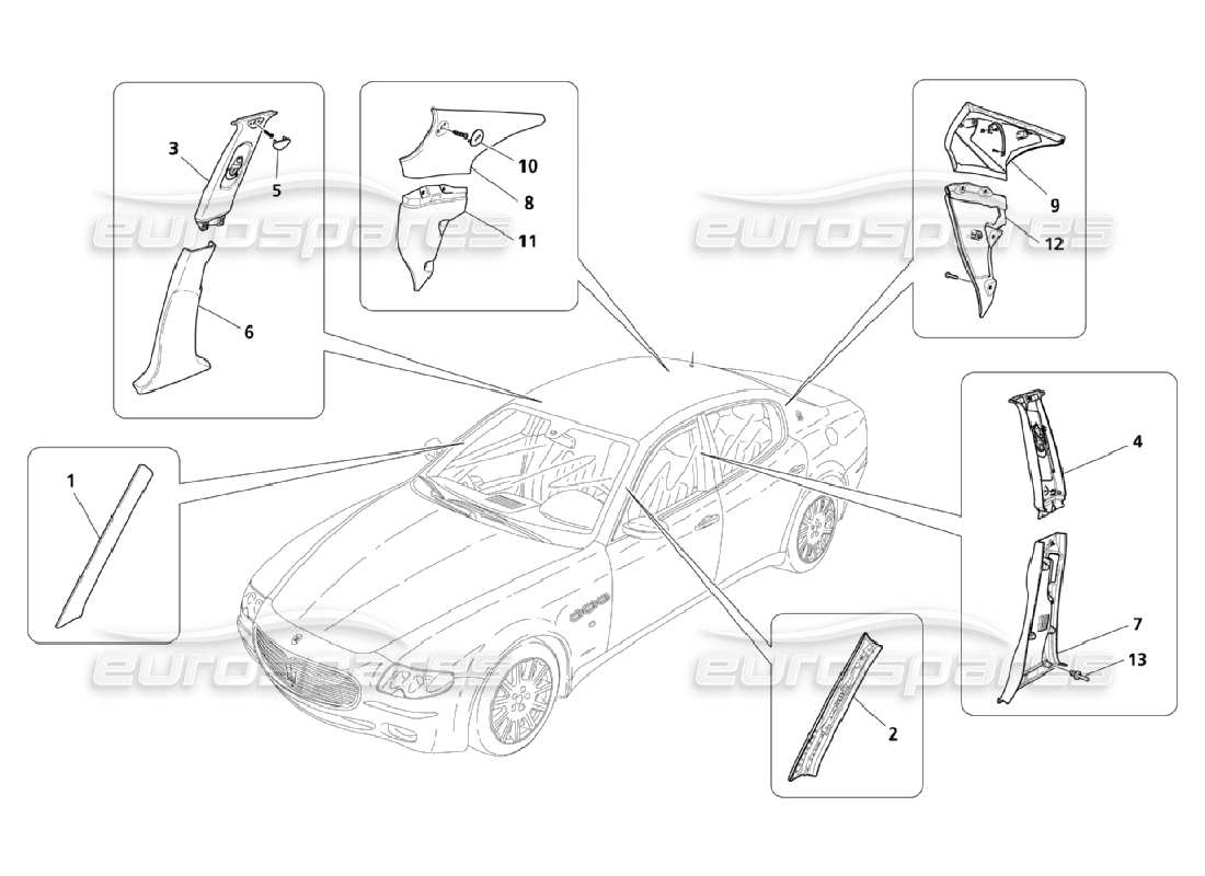maserati qtp. (2006) 4.2 side flank and passengers compartment pillar upholstery parts diagram