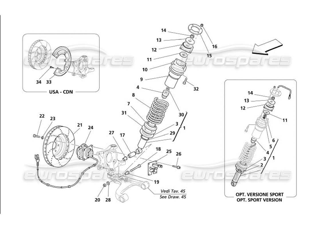 maserati 4200 spyder (2005) front suspension - shock absorber and brake disc parts diagram